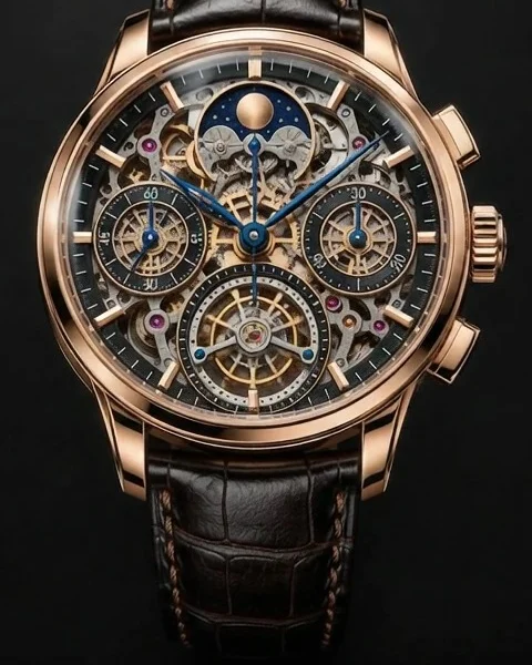 Front view of the assembled rose gold skeleton watch with moon-phase and tourbillon.