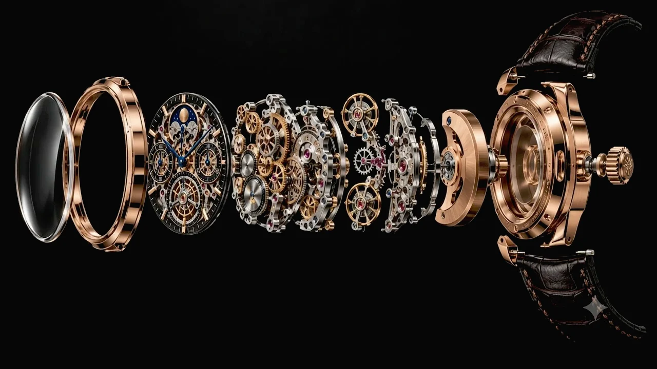 Hero of a luxury watch launch page: an 18k rose gold skeleton watch exploded into its crystal, bezel, dial, movement layers, case and strap, floating in a line against black.