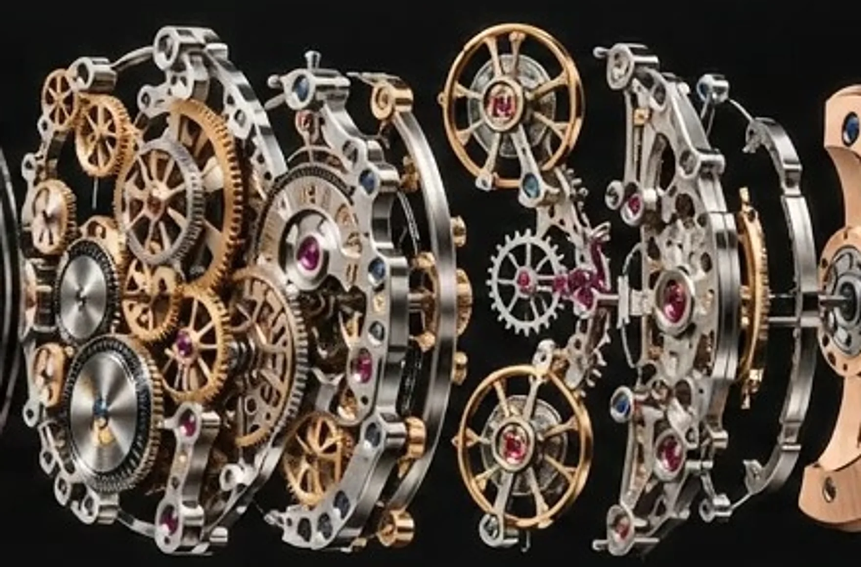 Close-up of the movement layers: gears, balance wheels and ruby jewels.